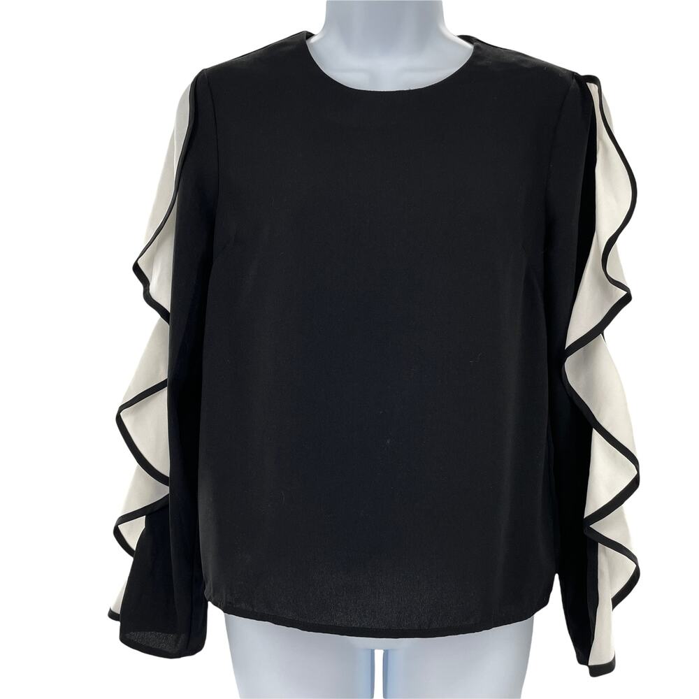 ENDLESS ROSE Women's Top XS Black Long Sleeve w/White Ruffles Blouse